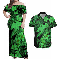 Aloha Hawaii Couples Matching Off Shoulder Maxi Dress and Hawaiian Shirt Hammerhead Shark Tattoo Polynesian Summer - Green LT9 - Wonder Print Shop