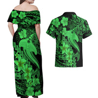 Aloha Hawaii Couples Matching Off Shoulder Maxi Dress and Hawaiian Shirt Hammerhead Shark Tattoo Polynesian Summer - Green LT9 - Wonder Print Shop