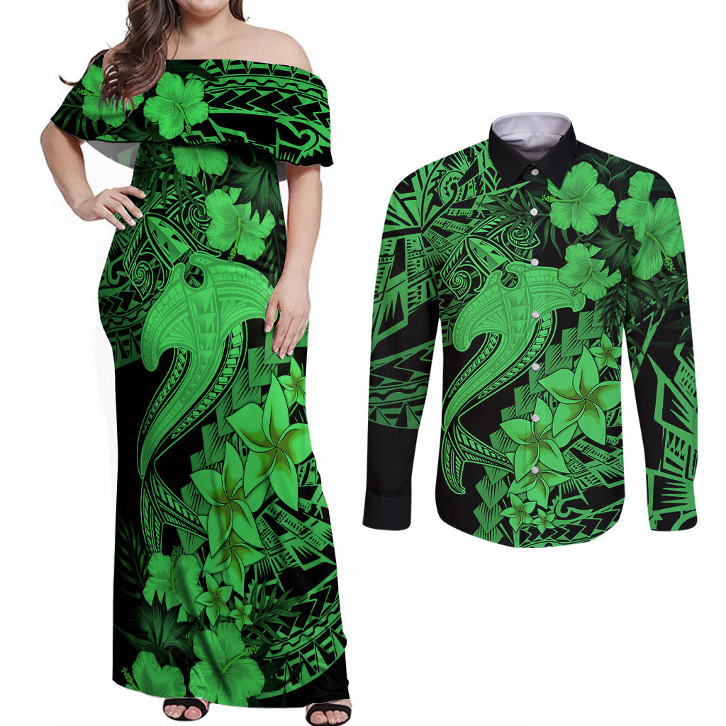 Aloha Hawaii Couples Matching Off Shoulder Maxi Dress and Long Sleeve Button Shirts Hammerhead Shark Tattoo Polynesian Summer - Green LT9 - Wonder Print Shop