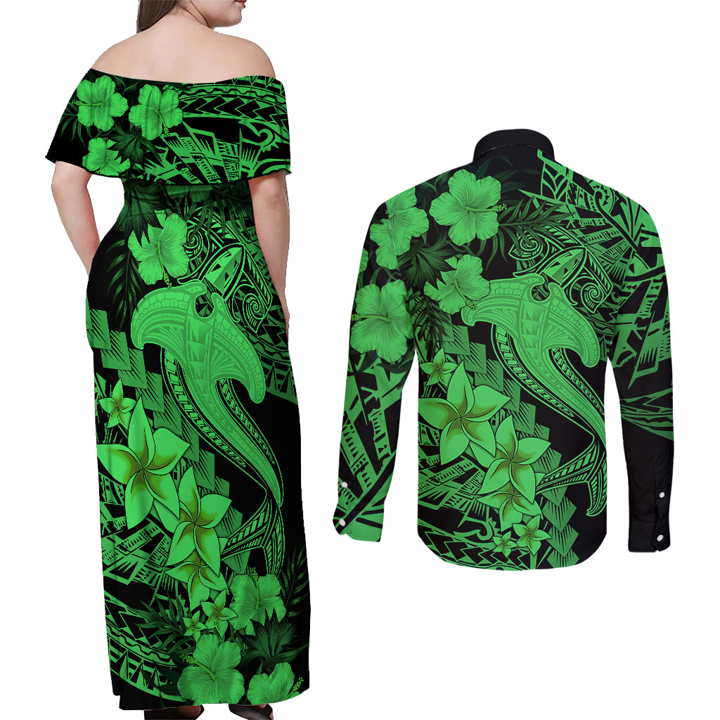 Aloha Hawaii Couples Matching Off Shoulder Maxi Dress and Long Sleeve Button Shirts Hammerhead Shark Tattoo Polynesian Summer - Green LT9 - Wonder Print Shop