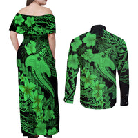 Aloha Hawaii Couples Matching Off Shoulder Maxi Dress and Long Sleeve Button Shirts Hammerhead Shark Tattoo Polynesian Summer - Green LT9 - Wonder Print Shop