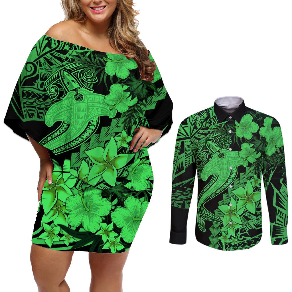 Aloha Hawaii Couples Matching Off Shoulder Short Dress and Long Sleeve Button Shirts Hammerhead Shark Tattoo Polynesian Summer - Green LT9 - Wonder Print Shop