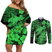 Aloha Hawaii Couples Matching Off Shoulder Short Dress and Long Sleeve Button Shirts Hammerhead Shark Tattoo Polynesian Summer - Green LT9 - Wonder Print Shop