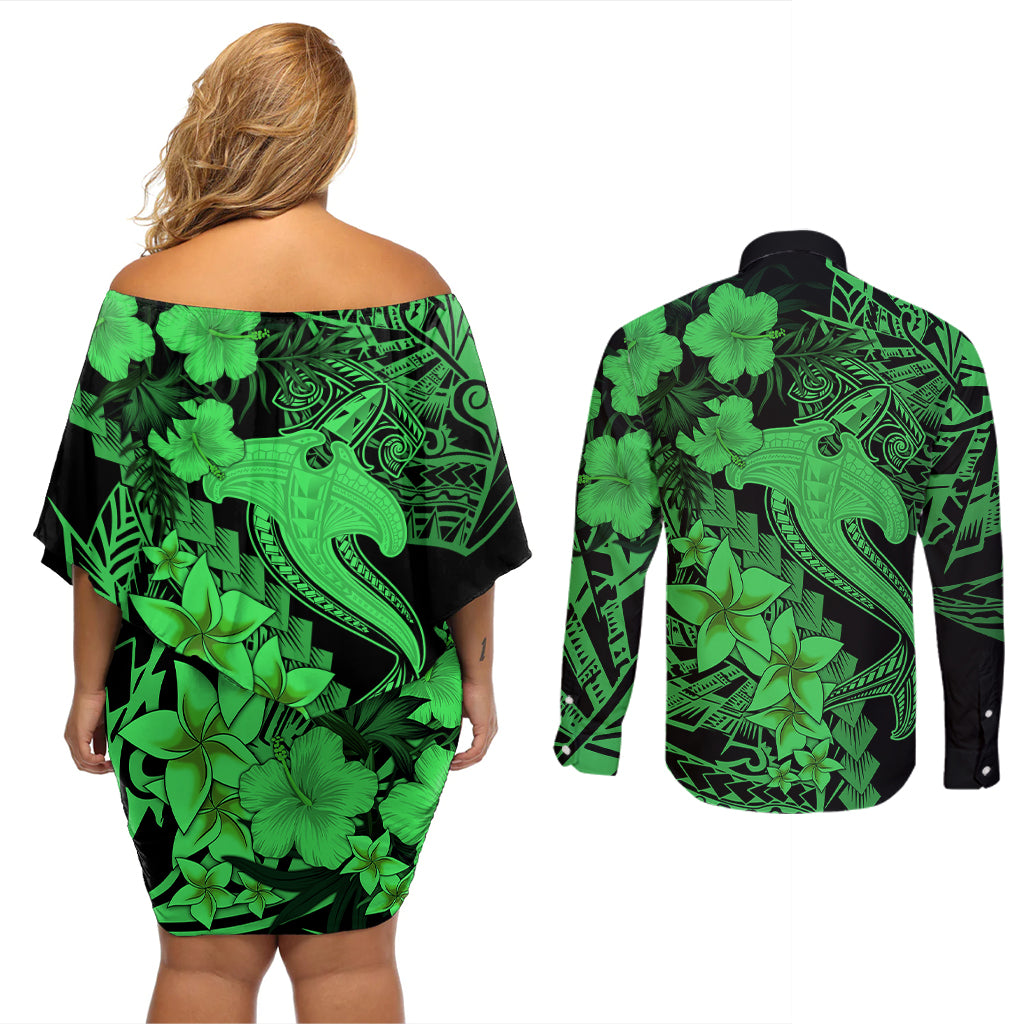 Aloha Hawaii Couples Matching Off Shoulder Short Dress and Long Sleeve Button Shirts Hammerhead Shark Tattoo Polynesian Summer - Green LT9 - Wonder Print Shop