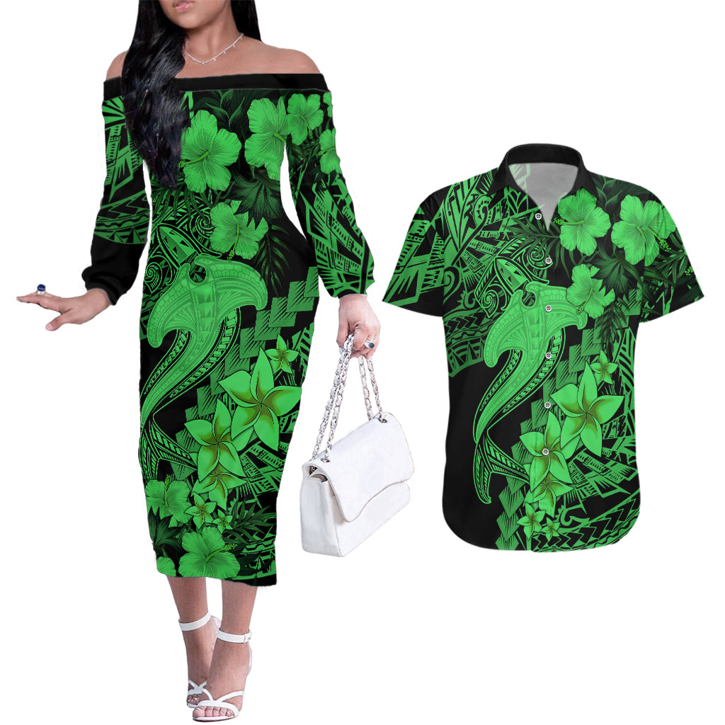 Aloha Hawaii Couples Matching Off The Shoulder Long Sleeve Dress and Hawaiian Shirt Hammerhead Shark Tattoo Polynesian Summer - Green LT9 - Wonder Print Shop