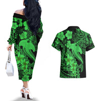 Aloha Hawaii Couples Matching Off The Shoulder Long Sleeve Dress and Hawaiian Shirt Hammerhead Shark Tattoo Polynesian Summer - Green LT9 - Wonder Print Shop