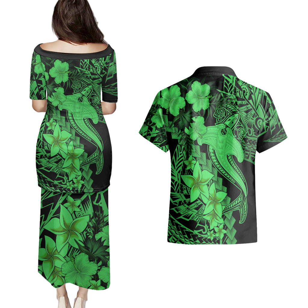 Aloha Hawaii Couples Matching Puletasi Dress and Hawaiian Shirt Hammerhead Shark Tattoo Polynesian Summer - Green LT9 - Wonder Print Shop