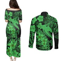 Aloha Hawaii Couples Matching Puletasi Dress and Long Sleeve Button Shirts Hammerhead Shark Tattoo Polynesian Summer - Green LT9 - Wonder Print Shop
