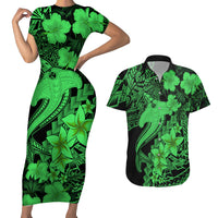 Aloha Hawaii Couples Matching Short Sleeve Bodycon Dress and Hawaiian Shirt Hammerhead Shark Tattoo Polynesian Summer - Green LT9 - Wonder Print Shop