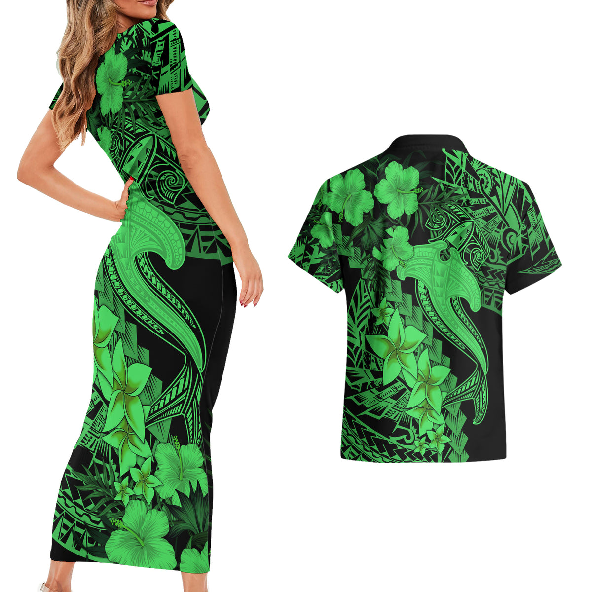 Aloha Hawaii Couples Matching Short Sleeve Bodycon Dress and Hawaiian Shirt Hammerhead Shark Tattoo Polynesian Summer - Green LT9 - Wonder Print Shop