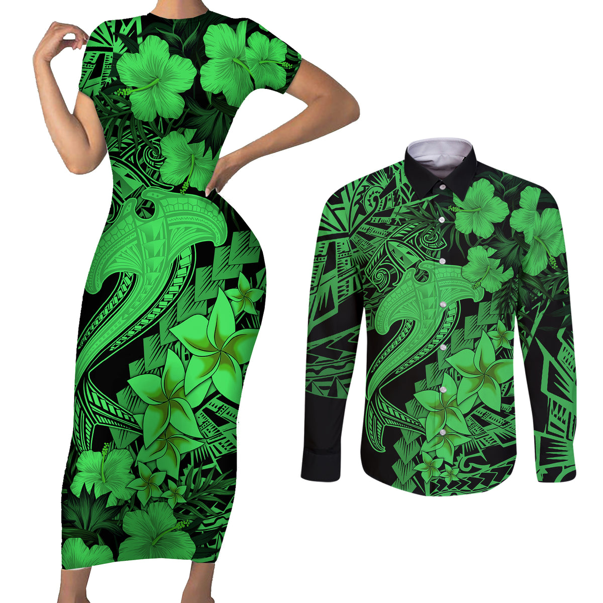 Aloha Hawaii Couples Matching Short Sleeve Bodycon Dress and Long Sleeve Button Shirts Hammerhead Shark Tattoo Polynesian Summer - Green LT9 - Wonder Print Shop