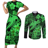 Aloha Hawaii Couples Matching Short Sleeve Bodycon Dress and Long Sleeve Button Shirts Hammerhead Shark Tattoo Polynesian Summer - Green LT9 - Wonder Print Shop