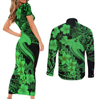Aloha Hawaii Couples Matching Short Sleeve Bodycon Dress and Long Sleeve Button Shirts Hammerhead Shark Tattoo Polynesian Summer - Green LT9 - Wonder Print Shop