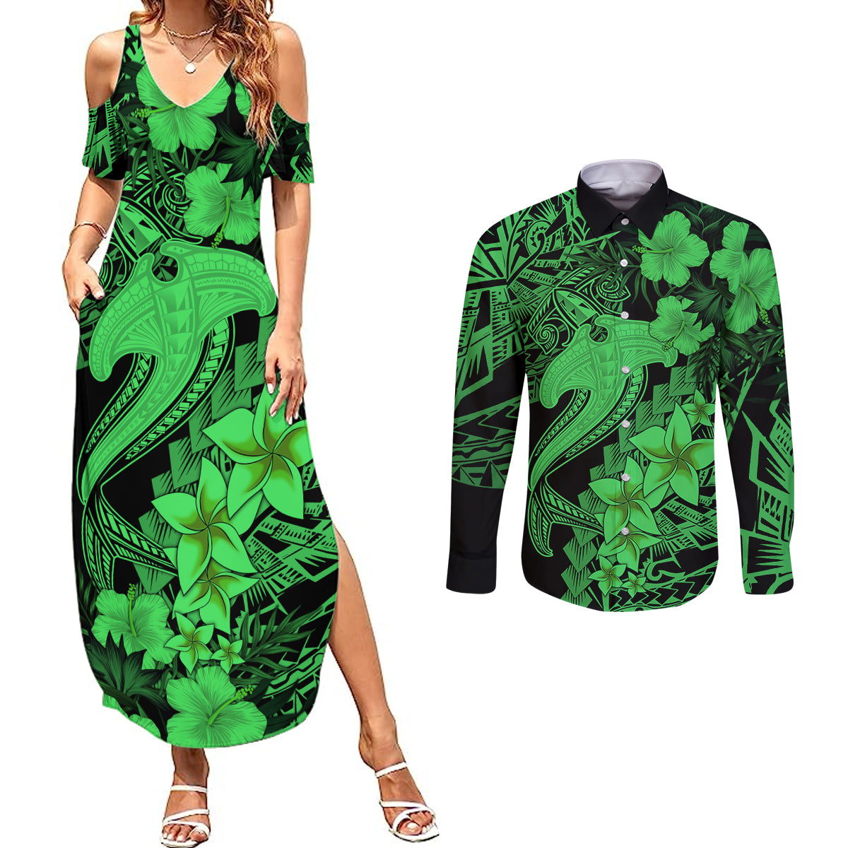Aloha Hawaii Couples Matching Summer Maxi Dress and Long Sleeve Button Shirts Hammerhead Shark Tattoo Polynesian Summer - Green LT9 - Wonder Print Shop