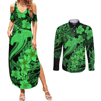 Aloha Hawaii Couples Matching Summer Maxi Dress and Long Sleeve Button Shirts Hammerhead Shark Tattoo Polynesian Summer - Green LT9 - Wonder Print Shop