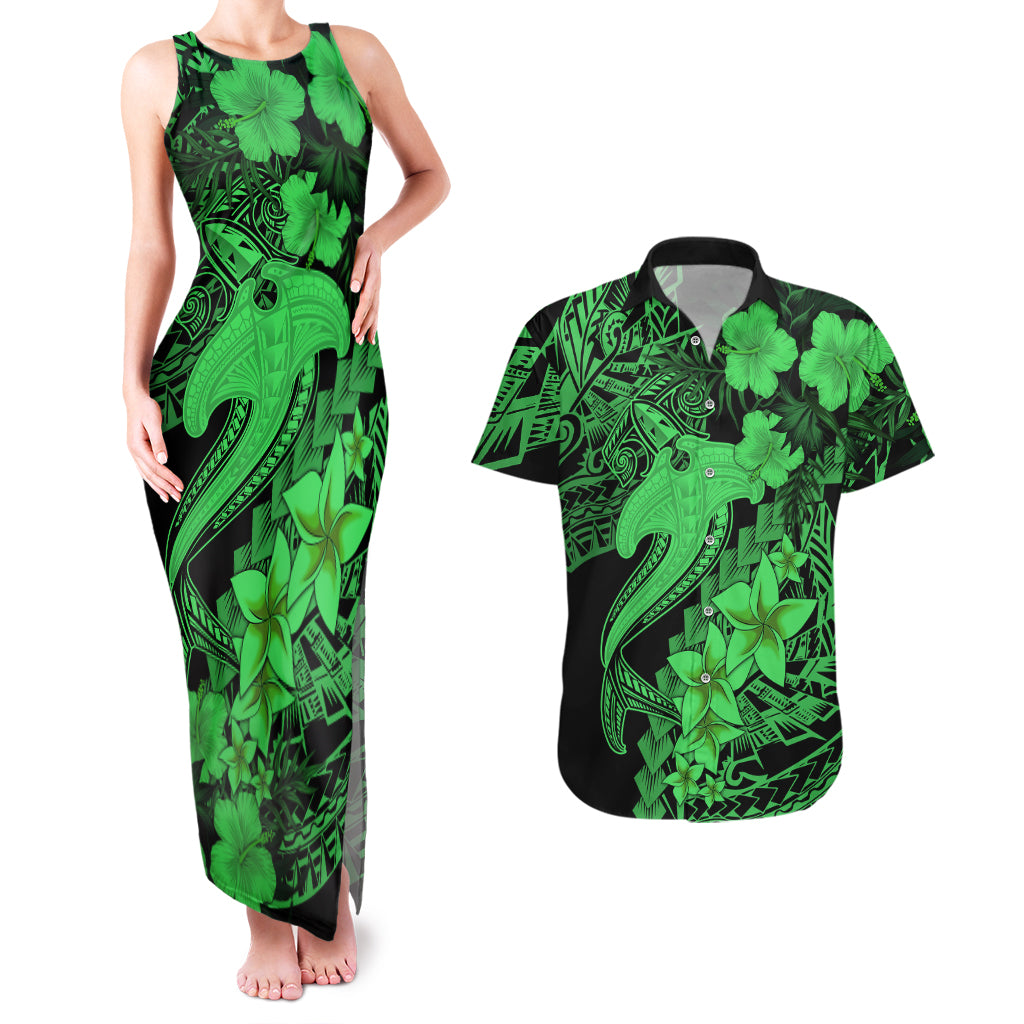Aloha Hawaii Couples Matching Tank Maxi Dress And Hawaiian Shirt Hammerhead Shark Tattoo Polynesian Summer - Green LT9 - Wonder Print Shop
