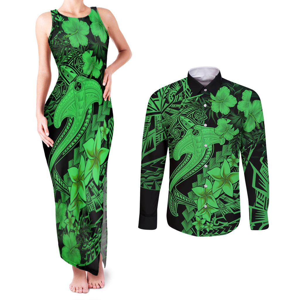 Aloha Hawaii Couples Matching Tank Maxi Dress and Long Sleeve Button Shirts Hammerhead Shark Tattoo Polynesian Summer - Green LT9 - Wonder Print Shop