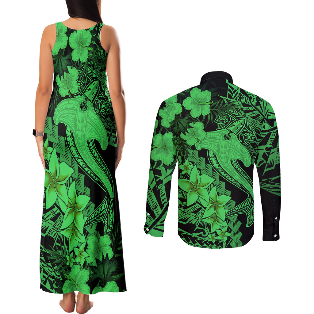 Aloha Hawaii Couples Matching Tank Maxi Dress and Long Sleeve Button Shirts Hammerhead Shark Tattoo Polynesian Summer - Green LT9 - Wonder Print Shop