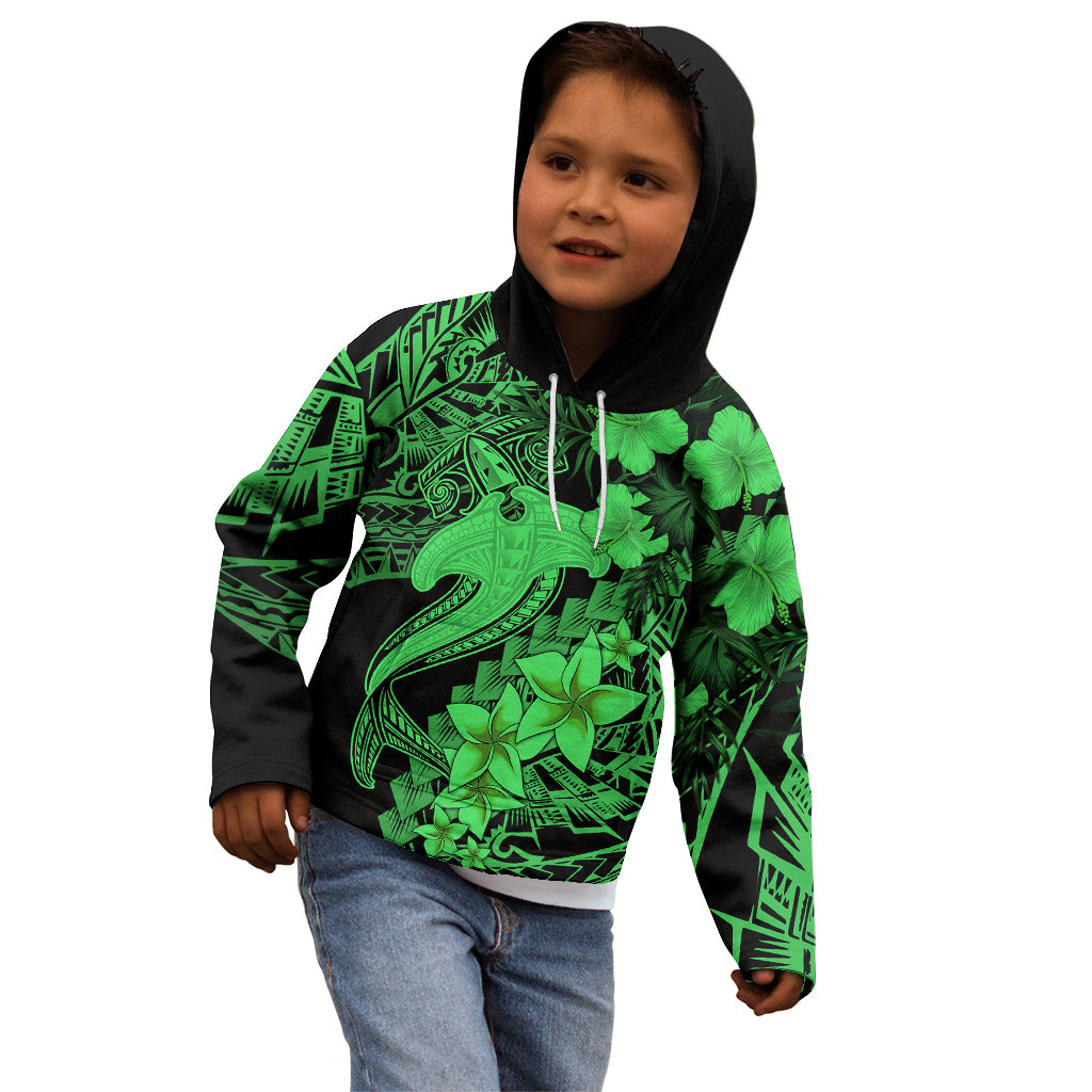 Aloha Hawaii Kid Hoodie Hammerhead Shark Tattoo Polynesian Summer - Green - Wonder Print Shop
