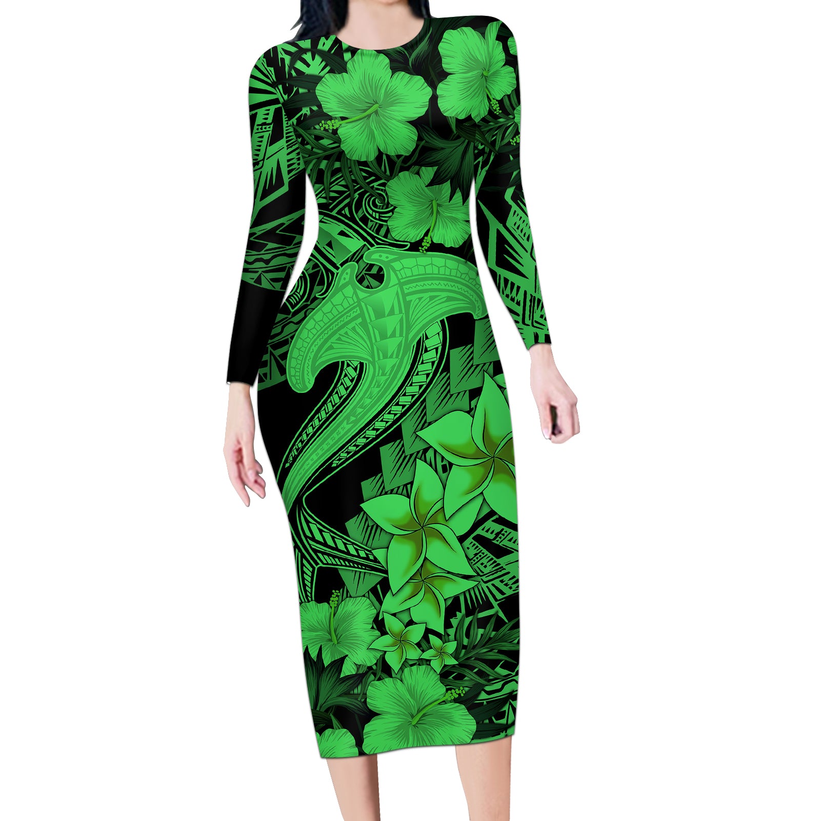 Aloha Hawaii Long Sleeve Bodycon Dress Hammerhead Shark Tattoo Polynesian Summer - Green - Wonder Print Shop