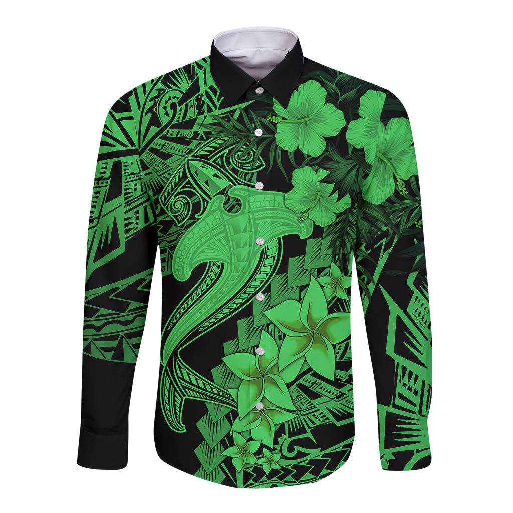Aloha Hawaii Long Sleeve Button Shirt Hammerhead Shark Tattoo Polynesian Summer - Green - Wonder Print Shop