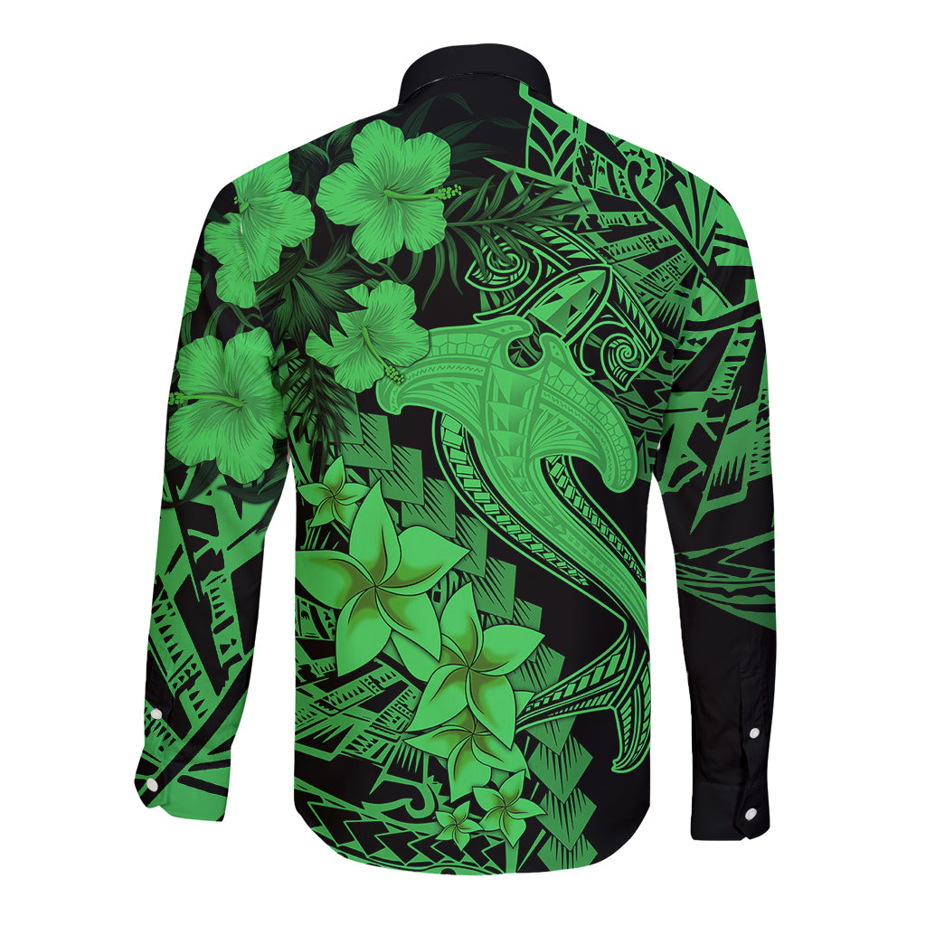 Aloha Hawaii Long Sleeve Button Shirt Hammerhead Shark Tattoo Polynesian Summer - Green - Wonder Print Shop