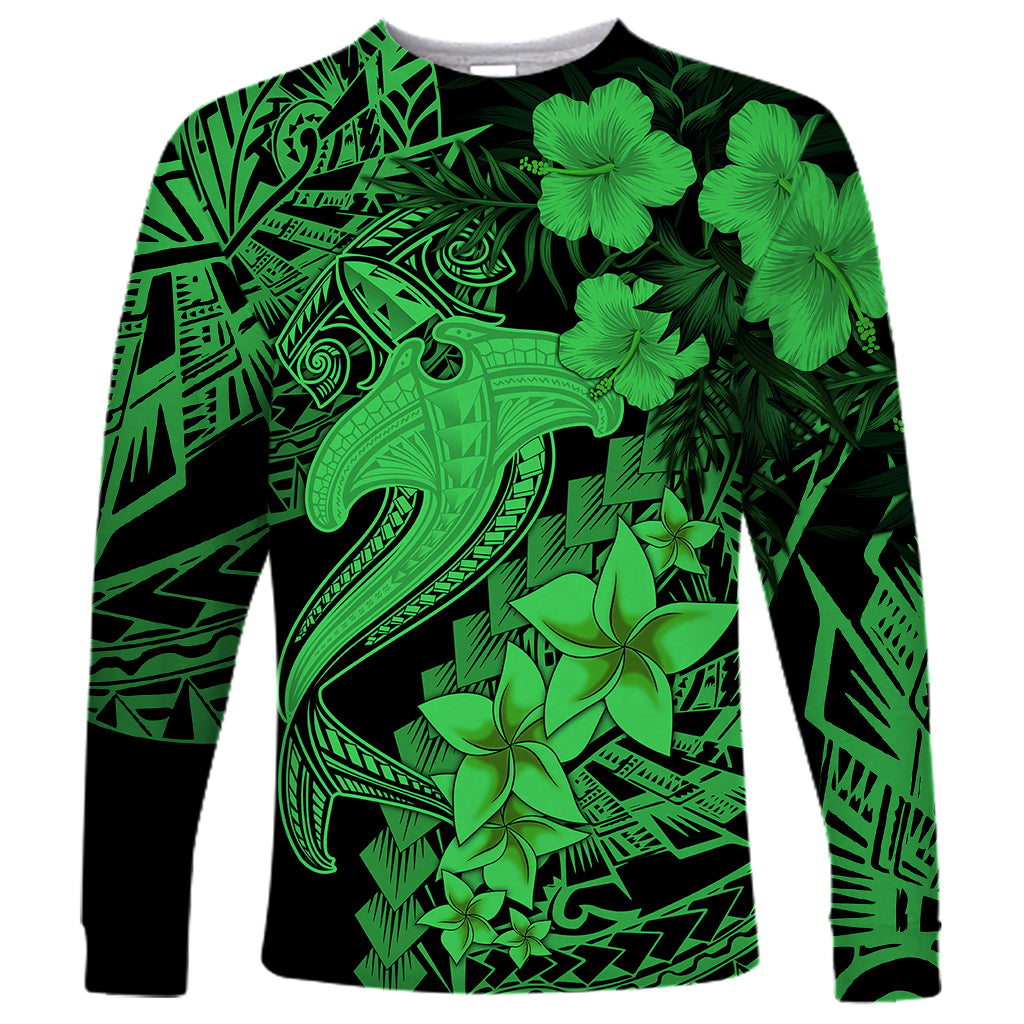Aloha Hawaii Long Sleeve Shirt Hammerhead Shark Tattoo Polynesian Summer - Green - Wonder Print Shop