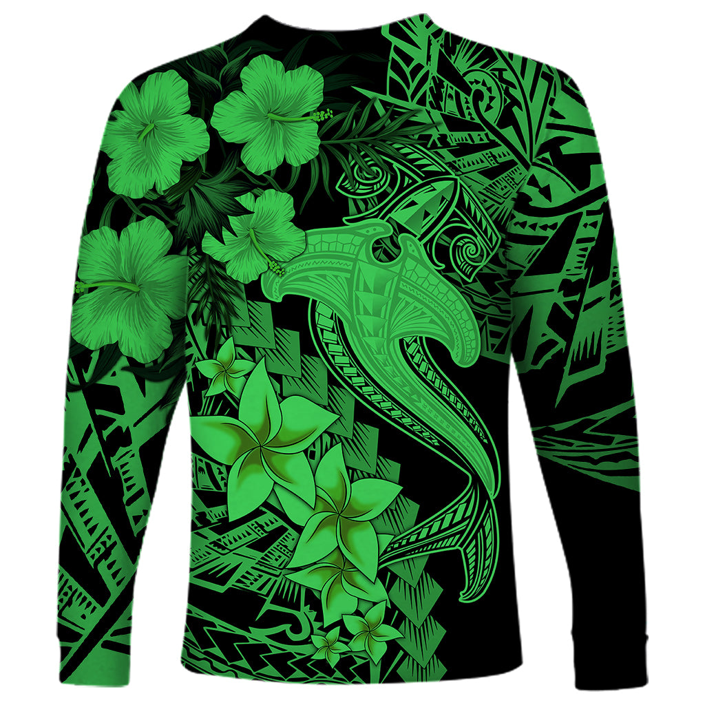 Aloha Hawaii Long Sleeve Shirt Hammerhead Shark Tattoo Polynesian Summer - Green - Wonder Print Shop