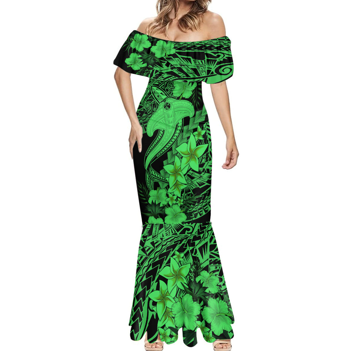 Aloha Hawaii Mermaid Dress Hammerhead Shark Tattoo Polynesian Summer - Green - Wonder Print Shop