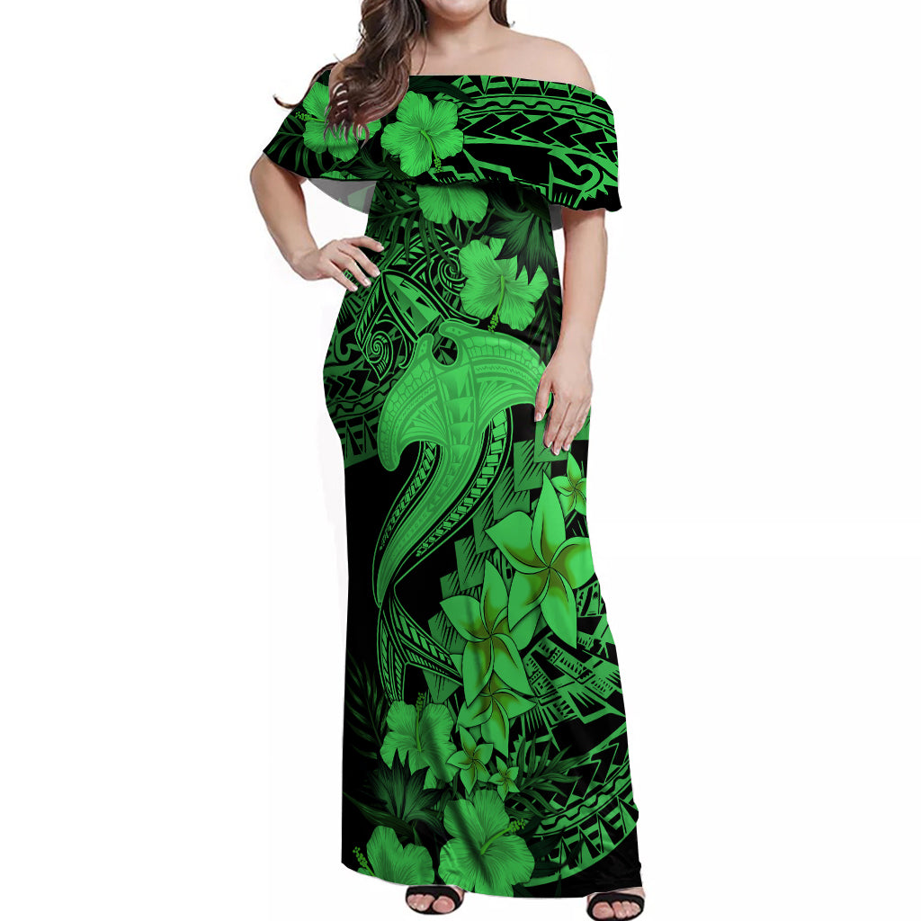 Aloha Hawaii Off Shoulder Maxi Dress Hammerhead Shark Tattoo Polynesian Summer - Green - Wonder Print Shop