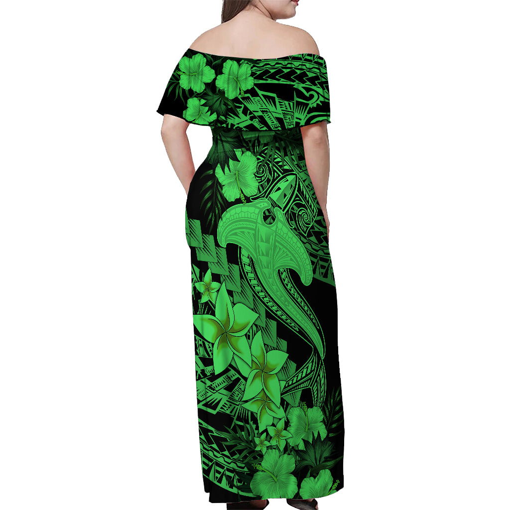Aloha Hawaii Off Shoulder Maxi Dress Hammerhead Shark Tattoo Polynesian Summer - Green - Wonder Print Shop