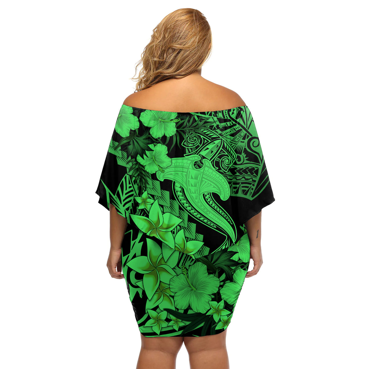 Aloha Hawaii Off Shoulder Short Dress Hammerhead Shark Tattoo Polynesian Summer - Green - Wonder Print Shop