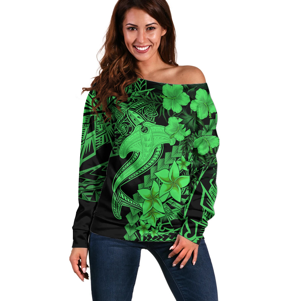 Aloha Hawaii Off Shoulder Sweater Hammerhead Shark Tattoo Polynesian Summer - Green - Wonder Print Shop