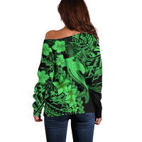 Aloha Hawaii Off Shoulder Sweater Hammerhead Shark Tattoo Polynesian Summer - Green - Wonder Print Shop
