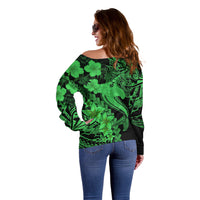 Aloha Hawaii Off Shoulder Sweater Hammerhead Shark Tattoo Polynesian Summer - Green - Wonder Print Shop