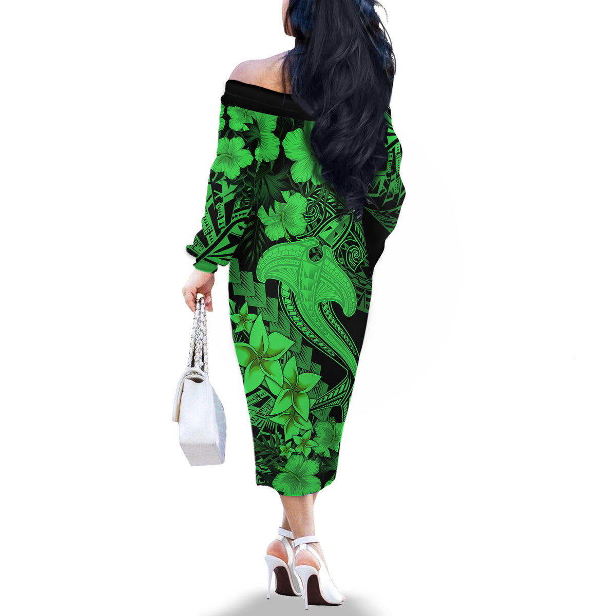 Aloha Hawaii Off The Shoulder Long Sleeve Dress Hammerhead Shark Tattoo Polynesian Summer - Green - Wonder Print Shop