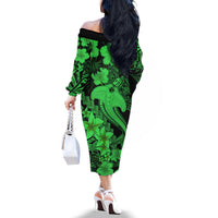 Aloha Hawaii Off The Shoulder Long Sleeve Dress Hammerhead Shark Tattoo Polynesian Summer - Green - Wonder Print Shop
