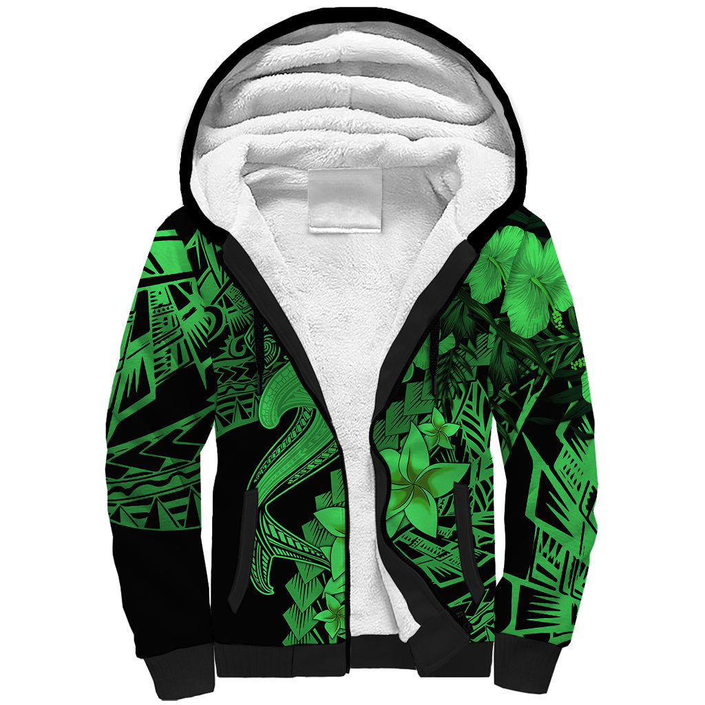 Aloha Hawaii Sherpa Hoodie Hammerhead Shark Tattoo Polynesian Summer - Green - Wonder Print Shop