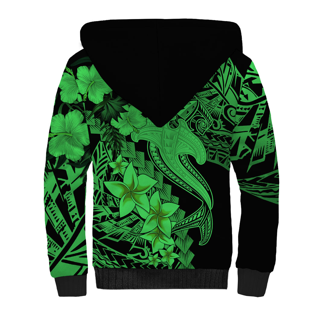 Aloha Hawaii Sherpa Hoodie Hammerhead Shark Tattoo Polynesian Summer - Green - Wonder Print Shop