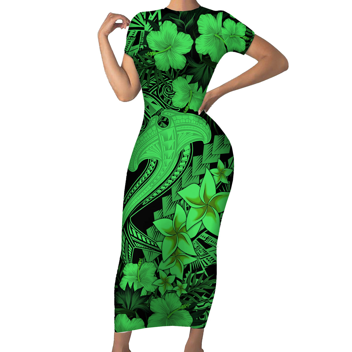 Aloha Hawaii Short Sleeve Bodycon Dress Hammerhead Shark Tattoo Polynesian Summer - Green - Wonder Print Shop