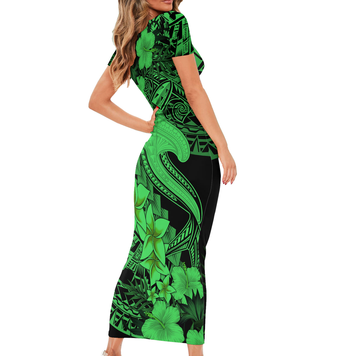 Aloha Hawaii Short Sleeve Bodycon Dress Hammerhead Shark Tattoo Polynesian Summer - Green - Wonder Print Shop