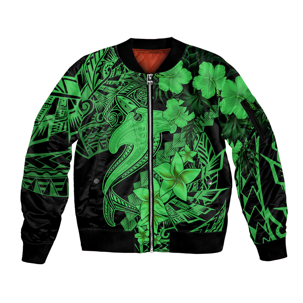 Aloha Hawaii Sleeve Zip Bomber Jacket Hammerhead Shark Tattoo Polynesian Summer - Green - Wonder Print Shop