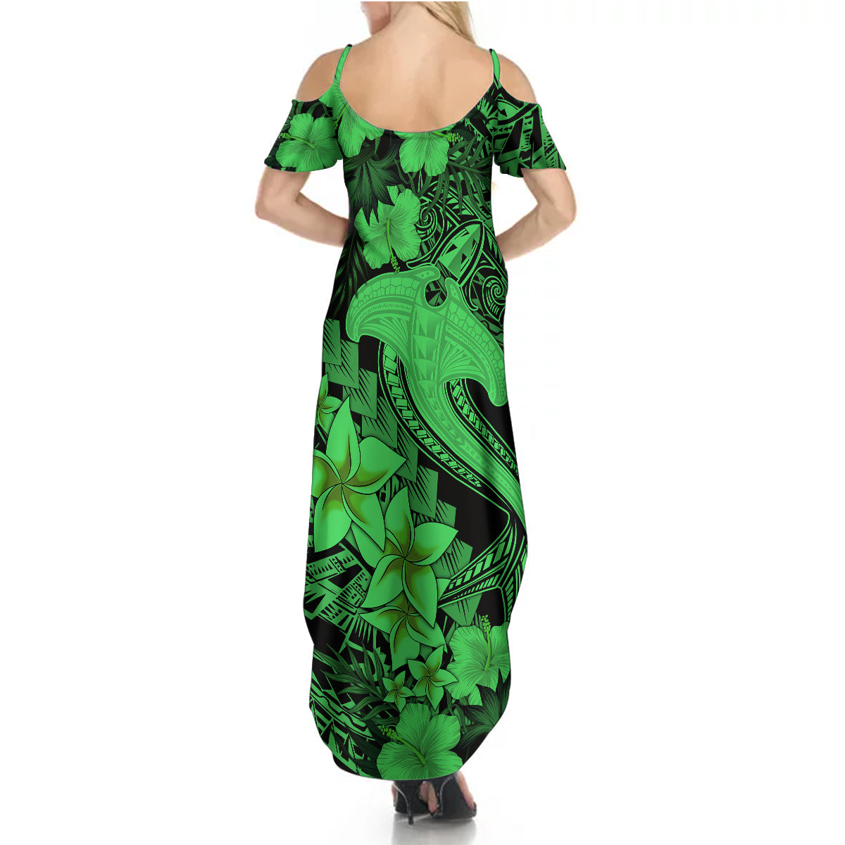 Aloha Hawaii Summer Maxi Dress Hammerhead Shark Tattoo Polynesian Summer - Green - Wonder Print Shop