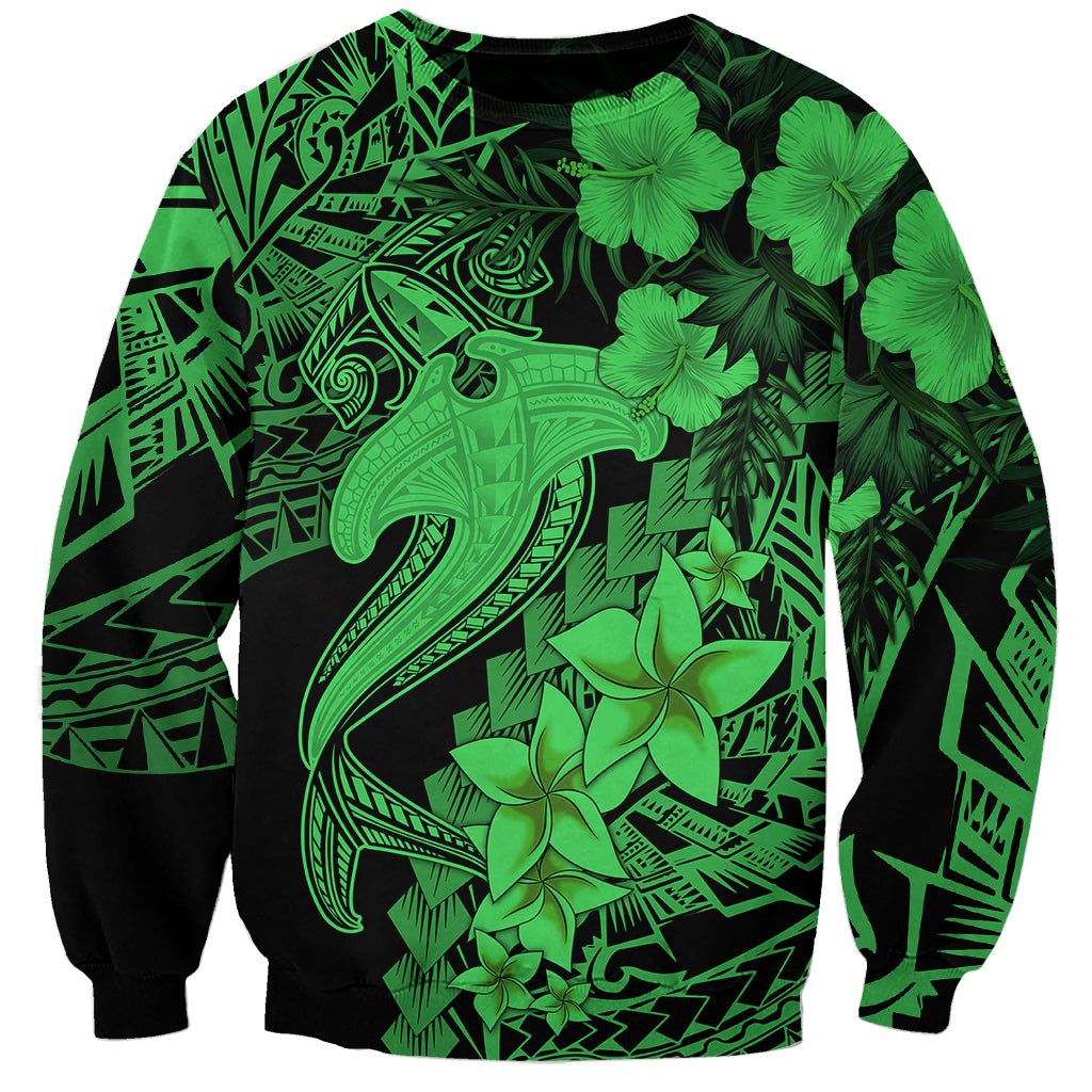 Aloha Hawaii Sweatshirt Hammerhead Shark Tattoo Polynesian Summer - Green - Wonder Print Shop