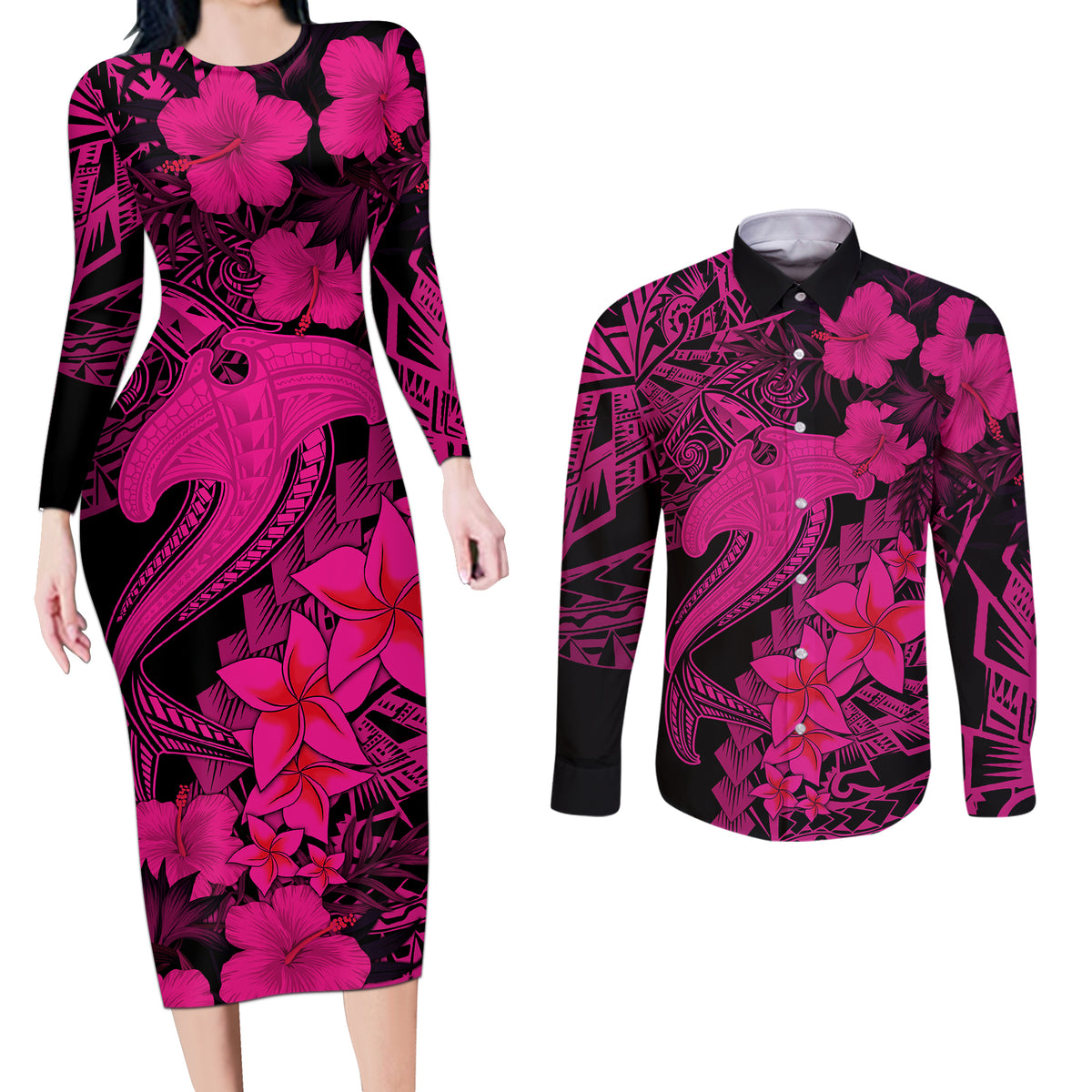 Aloha Hawaii Couples Matching Long Sleeve Bodycon Dress and Long Sleeve Button Shirts Hammerhead Shark Tattoo Polynesian Summer - Pink LT9 - Wonder Print Shop