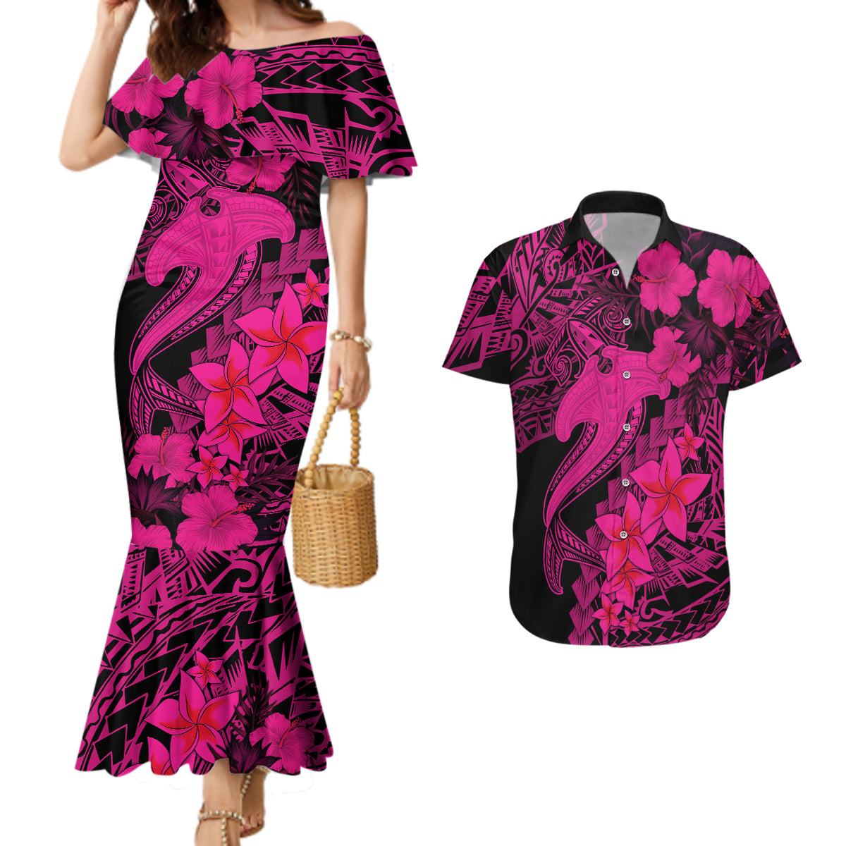 Aloha Hawaii Couples Matching Mermaid Dress And Hawaiian Shirt Hammerhead Shark Tattoo Polynesian Summer - Pink LT9 - Wonder Print Shop