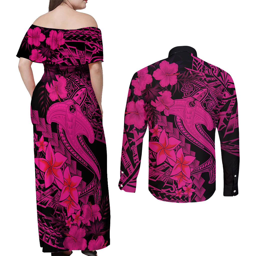 Aloha Hawaii Couples Matching Off Shoulder Maxi Dress and Long Sleeve Button Shirts Hammerhead Shark Tattoo Polynesian Summer - Pink LT9 - Wonder Print Shop