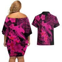 Aloha Hawaii Couples Matching Off Shoulder Short Dress and Hawaiian Shirt Hammerhead Shark Tattoo Polynesian Summer - Pink LT9 - Wonder Print Shop