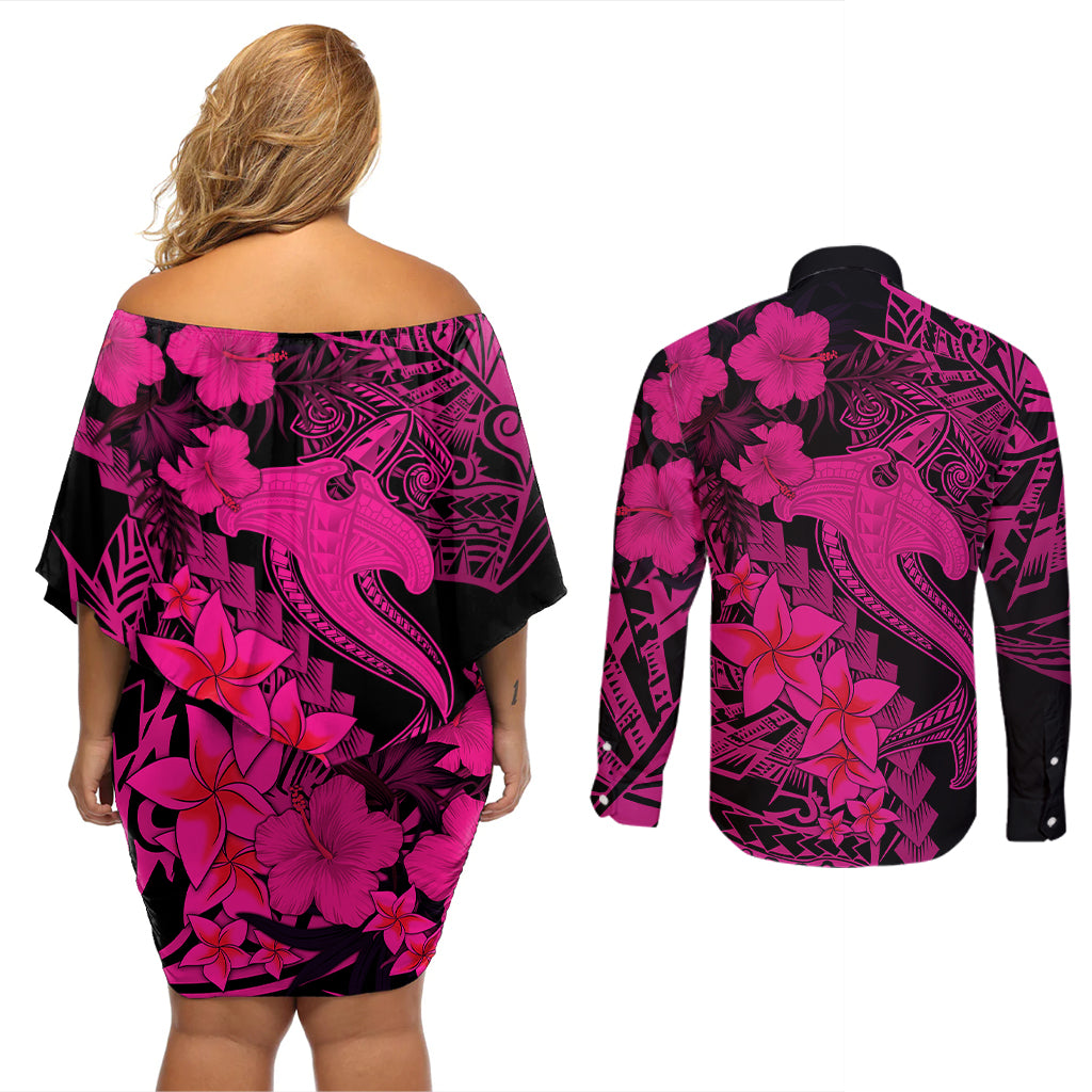 Aloha Hawaii Couples Matching Off Shoulder Short Dress and Long Sleeve Button Shirts Hammerhead Shark Tattoo Polynesian Summer - Pink LT9 - Wonder Print Shop