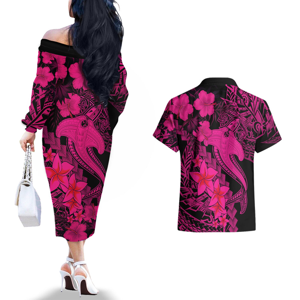 Aloha Hawaii Couples Matching Off The Shoulder Long Sleeve Dress and Hawaiian Shirt Hammerhead Shark Tattoo Polynesian Summer - Pink LT9 - Wonder Print Shop